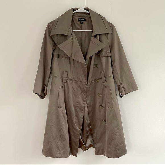 bebe Jackets & Blazers - Bebe Gray Green Satin Trench Coat Y2K 3/4 Sleeve Button Detail Gilmore Girls